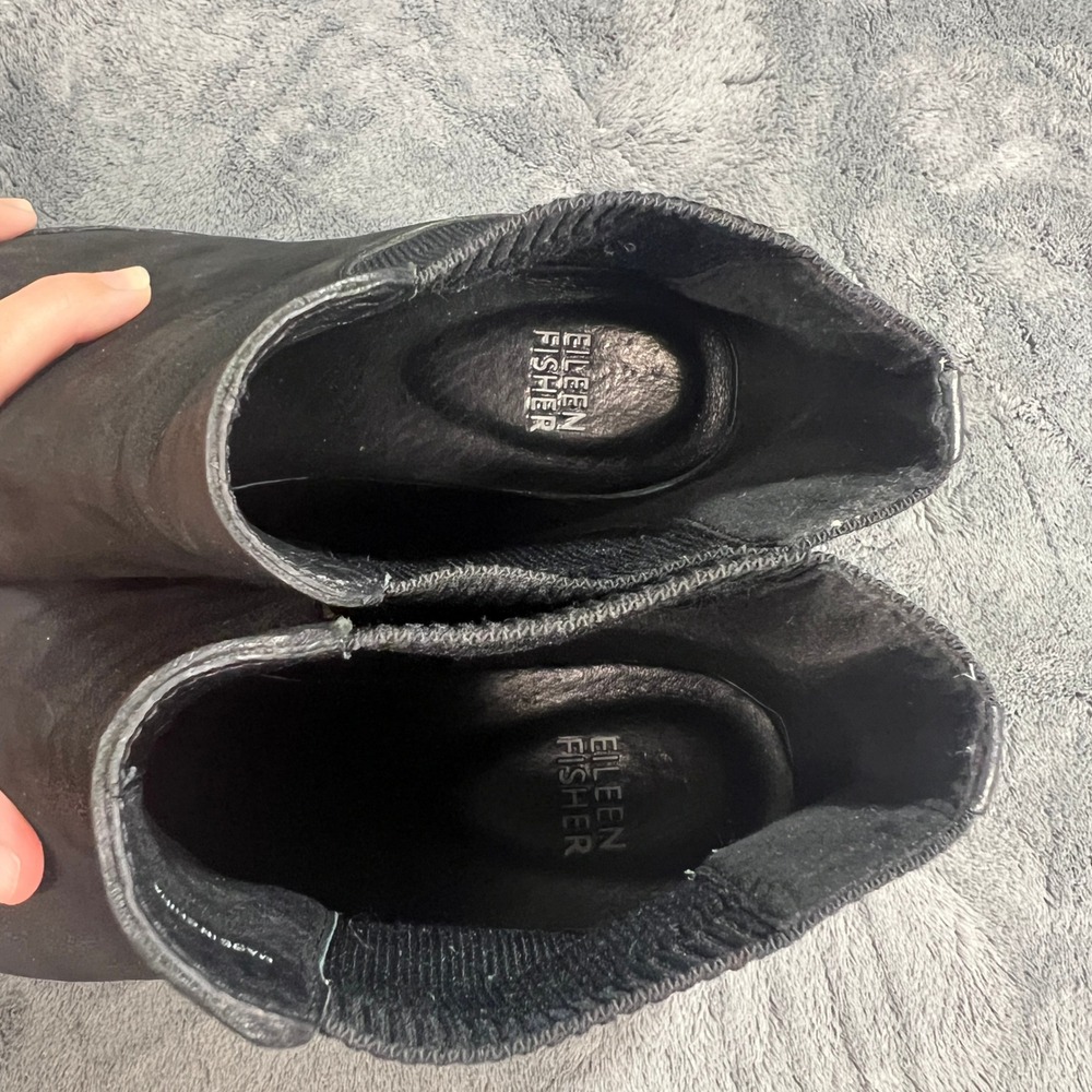 Eileen Fisher Black Leather Wedge Ankle Boots Stretch Knit Lug Sole 8.5 - Picture 9 of 12